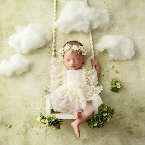 Qnokliey Baby Fotografie Kleidung, Milchweiße Wolkenwippe Neugeborenes Fotoshooting Zubehör, Kleinkind Fotokleidung Requisiten, Spitze Kleider, Party Kostüme Geschenk für 0-1 Monate Mädchen von Qnokliey