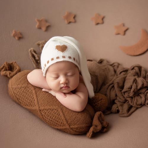 Qnokliey Neugeborenes Fotografie Set, Kaffee Milchweiß Süßes Baby Fotokleidung, Mädchen Jungen Kleinkind Kostüme Fotoshooting Requisiten, Inkl Mütze, Kissen, Wrap, Sternenmond für 0-1 Monate von Qnokliey