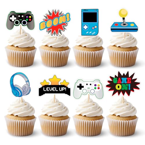 64 Stück Videospiel Cupcake Toppers Gaming Geburtstag Tortendeko Muffin Kuchendekorationskarten Spielkonsolen Thema Deko Gamepad Muster Kuchendeko für Gamer Jungen Spiel Party Dekoration von Qnynnty