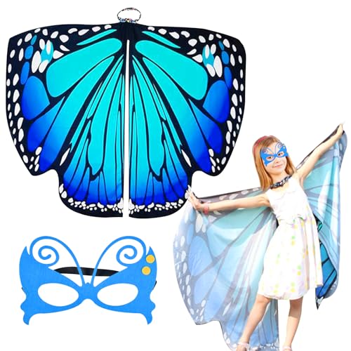 Kinder Schmetterlingsflügel mit Maske, Schmetterling Umhang Kostüm Mädchen, Pixie Poncho Kostüm, für Cosplay Karneval Fasching Party Gastgeschenke (136*108cm) von Qooloo