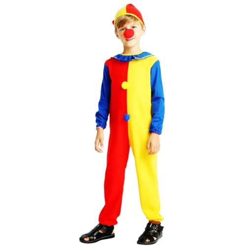 Qooloo 3 Stück Clown Kostüm Kinder, Clown Kostüm Set, Clown Jumpsuit mit Hut und Nase, Faschingkostüme Kinder, Clown Kostüm Kinder Zubehör, Clown Partys Halloween Karneval Kostüm Zubehör von Qooloo