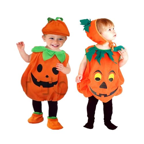 Qooloo 3 Stück Kinder Kürbis Kostüm, Halloween Kürbis Kostüm, Kinder Kürbis Kostüm Anzug mit Hüte und Schuhe, Halloween Kürbiskostüm für Pumpkin Cosplay Party Kleidung Mädchen Jungen (L-110cm) von Qooloo