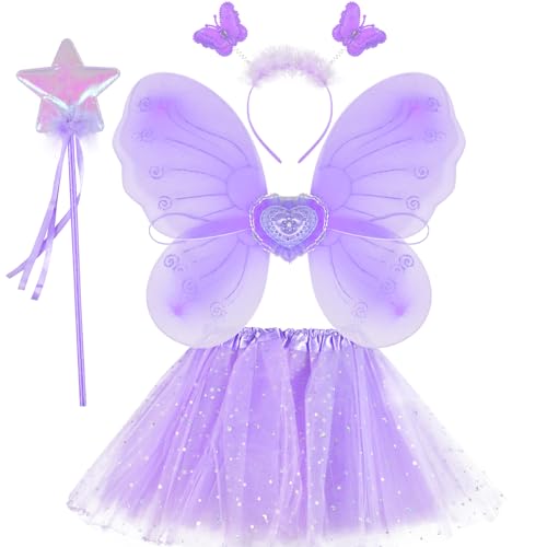 Qooloo 4-teiliges Mädchen Kostüm Schmetterling,Fee Prinzessin Tutu Kostüm Set,Feenflügel Kinder,Karneval Kostüm Kinder Mädchen,für Cosplay Karneval Verkleidung Party, Lila von Qooloo