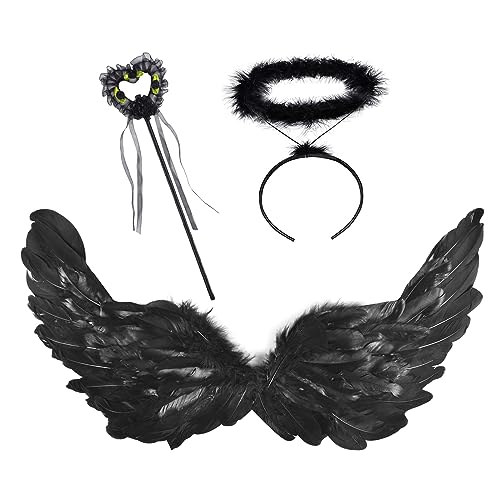 Engelsflügel, 3 Stück Engels Flügel Schwarz, 60 cm Halloween Engel Kostüm Kinder mit Heiligenschein, Federflügel Engel, Zauberstab, Engelsflügel Deko für Halloween Karneval Cosplay Party(a) (Negro) von Qooloo