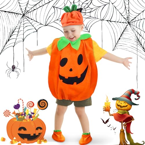 Qooloo Halloween Kürbiskostüm,Kinder Kürbis Kostüm Anzug,Halloween Karneval Fasching Kostüme mit Hut,Kostüm Kinder Mädchen Jungen Karneval Fasching Halloween Party Cosplay Kleidung von Qooloo