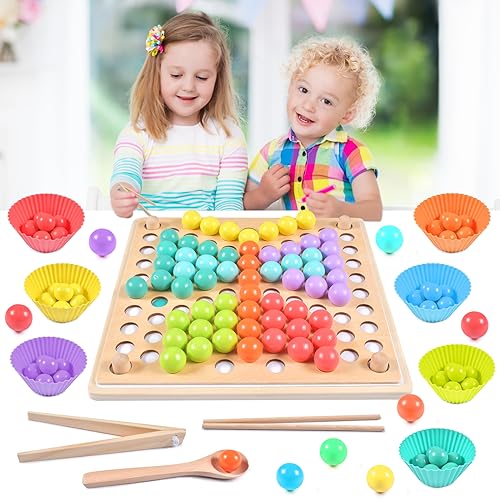 Qooloo Holz Clip Brettspiel, Clip Perlen Puzzle Brettspiele, Clip Beads Brettspiel, Holz Montessori Spielzeug, Kinder Vorschule Farben Sortier Stapelspielzeug für 3 4 5 Jahre Alt Kinder von Qooloo