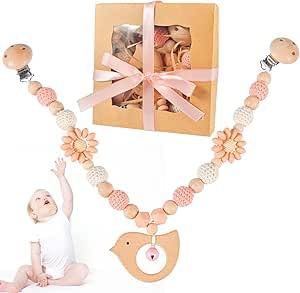 Qooloo Kinderwagenkette Holz Baby,Kinderwagen Kette für Babys,Kinderwagenspielzeug Für Babys, Niedliche Tierform Kinderwagenspielzeug für Babys und Kleinkinder ab 0-24 Monaten von Qooloo