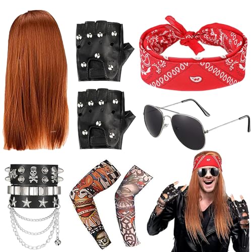 Qooloo Rocker Kostüm Herren 70er 80er 90er Punker Rockstar Kostüm Disco Perücke punker Kostüm Zubehör Lang Lockig Hut Sonnenbrille Rocker Perücke Verkleidung Zubehör von Qooloo