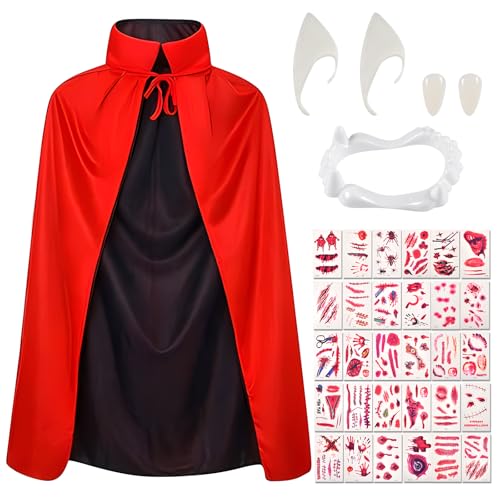 Qooloo Schwarz rot Vampir Kostüm Umhang, Halloween Vampir Kinder Set 120cm, mit Scar Tattoo Patch, falsche Zähne, Elfen Ohren, für Halloween Kostüm Cosplay Bühne Magie Show von Qooloo