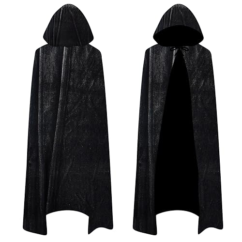 Schwarzer Umhang mit Kapuze, Samt Cape Halloween Vampir Kostüm, Vampir Cape Damen Herren Erwachsene Kinder für Karneval Halloween Cosplay Kostüm (XL-170cm) von Qooloo