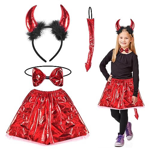 Qooloo Teufel Kostüm Kind, 4 Stück Kinder Teufelshörner Rotes Tutu mit Teufelsohren Schwanz Schleife Mädchen Cosplay Set für Halloween Kostümparty Rollenspiele, Mädchen Halloween Kostüm von Qooloo