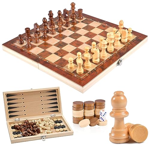 Qooloo Schachspiel aus Holz, 3 In 1 Schach, Dame, Backgammon, Schachbrett Klappbar, Schachbrett Holz Hochwertig Abschließbarer Koffer, Chess Set für Kinder Erwachsene Party Reisen, 29 x 29 cm von Qooloo