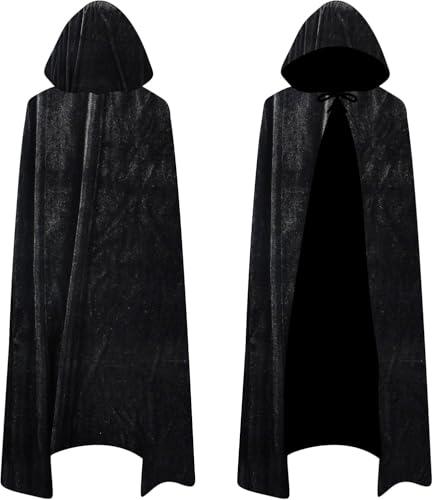 Schwarzer Umhang mit Kapuze, Samt Cape Halloween Vampir Kostüm, Vampir Cape Damen Herren Erwachsene Kinder für Karneval Halloween Cosplay Kostüm (L-150cm) von Qooloo