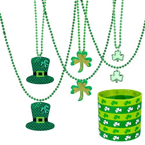 Qpout 12 Stück St. Patrick's Day Kostümzubehör Kleeblatt-Halskette und -Armband, 6 Grünes Kleeblatt-Gummiarmband und 6 Kleeblatt-Halsketten für Kinder, Frauen, Männer von Qpout