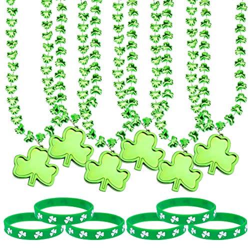 Qpout 12 Stück St.Patrick's Day Halskette Armband, 6 Kleeblatt Halskette, 6 grünes Kleeblatt Gummiarmband, für Kinder Damen Herren Irische St.Patrick's Day Party Geschenke Kostüm Dekoration von Qpout