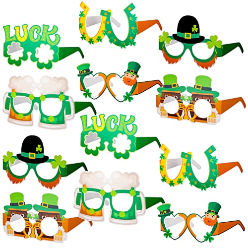 Qpout 12 Stücke St. Patrick's Day Brillen, Luck Shamrock Dekoration Brillenrahmen,St. Patrick's Day Party Kostüm Zubehör für Kinder Erwachsene von Qpout