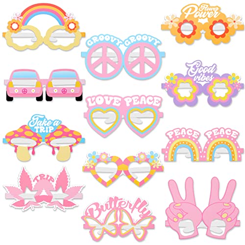 Qpout 24er-Pack Hippie-Brille Hippie-Requisiten für Fotoautomaten Zwei tolle Partydekorationen niedliche und lustige Papier-Groovy-Brille einschließlich Gänseblümchen Regenbogen für Frauen und Kinder von Qpout