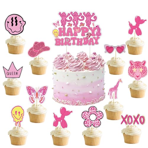 Qpout 25pcs Rosa Preppy Cupcake Toppers Y2k 2000s Party Toppers mit Stick Lippen Gesicht Blitz Leopard Hut Heißes Rosa Tortendekoration Preppy Y2k Thema Geburtstag Party Supplies von Qpout