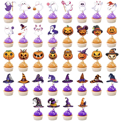 Qpout 30 Stück Halloween Cupcake Topper, Hexenhut Kürbis Cupcake für Halloween Geburtstag Dekoration Party Supplies von Qpout