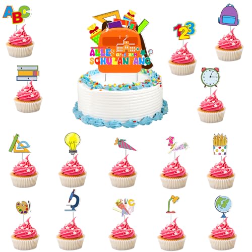 Qpout 32pcs Einschulung Tortendeko Schulanfang Cupcake Topper Kuchen Dekoration, Schulanfang Tortendeko für Mädchen Junge Schulanfang Party von Qpout