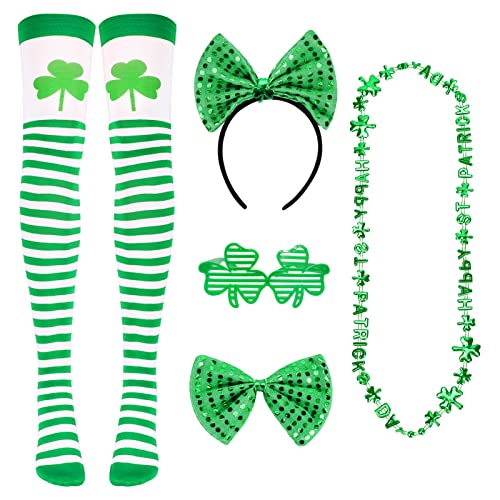 Qpout 5 Stück St.Patrick's Day Accessoires, Irisches St. Patrick's Day Stirnband, Fliege, Fliege, Kleeblatt-Socke, Halskette, Brillengestell, St. Patrick's Day Partyzubehör Paraden Cosplay-Kostüm von Qpout