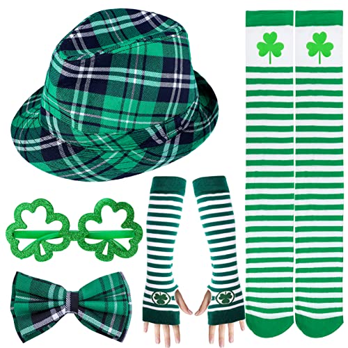 Qpout 5pcs St. Patrick's Day Zubehör, Irischen St. Patrick's Day Grüner Hut, Fliege, Kleeblattärmel, Socken, Brillengestell, St. Patrick's Day Partyzubehör Paraden Cosplay-Kostüm von Qpout