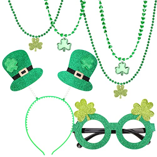 Qpout 6PCS St.Patrick's Day Kostüm Set mit Kleeblatt Gläser Grüner Hut Stirnband und Klee Perlen Halskette für Erwachsene Kinder Irisches Kostüm Zubehör Cosplay Party Dress Up Zubehör von Qpout