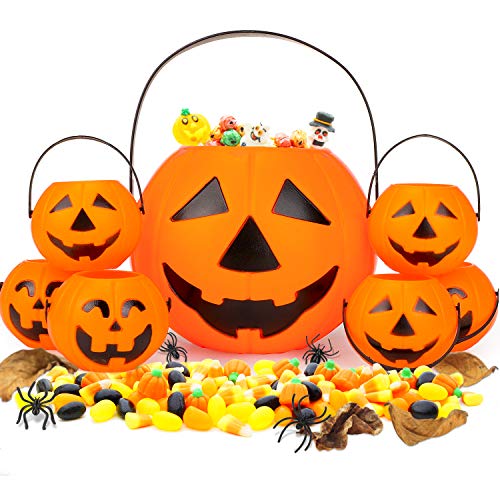 Qpout 7pcs Tragbare Halloween-Kürbiseimer, 1 Großer Süßes oder Saures-Kürbis-Bonbon-Eimer 6 kleine Plastik-Jack-O-Laternen-Eimer für Kinder Halloween Party Mitgebsel Dekoration Zubehör von Qpout