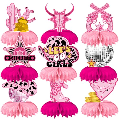 Qpout 9pcs Pink Cowgirl Honeycomb Centerpieces 3D Doppelseitige Disco Cowgirl Centerpieces Lets Go Mädchen Junggesellenabschied Tische Dekorationen Disco Western Cowgirl Geburtstagsparty Zubehör von Qpout