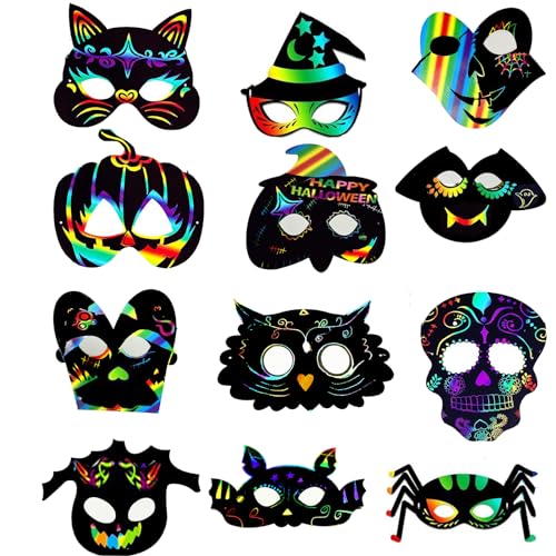 Qpout Halloween Regenbogen Kratzmasken für Kinder, 24 Stück Halloween Kratzbilder, Halloween Regenbogen Rubbelkarten, Halloween Scratch Art Masken, Halloween-Partyspiele für Kinder von Qpout