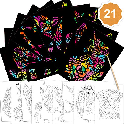 Qpout 21Stk. Kratzbilder Set für Kinder, 10 Kratzpapier 10 Tiere Zeichenschablonen 1Holzstift für Jungen Mädchen DIY Handwerk Malerei Projekt Geschenk Erwachsene Malen Zubehör Mitgebsel von Qpout