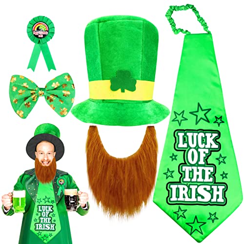 Qpout St. Patrick's Day Fancy Accessoires Kit Zylindrischer Kleeblatt-Hut mit Bart Fliege Revers Abzeichen Kobold-Hut Dress Up Adult Kids Party Favor Irish St. Patrick's Day Party Dekorationen von Qpout