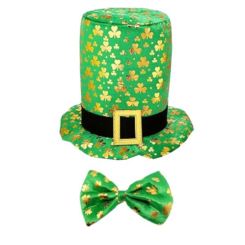 Qpout St. Patrick's Day Hut, Grüner Koboldhut für Kinder Erwachsene, Kleeblatt Krawatte Hut St. Patrick's Day Fliege, St. Patrick's Day Cowboy Hut Top Hat, Große St. Patrick's Day Irish Hüte Fliege von Qpout