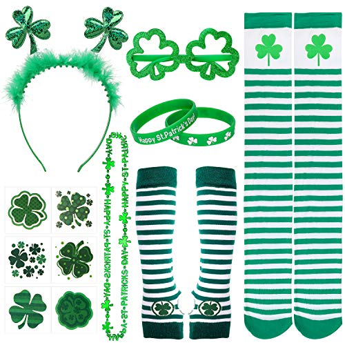 Qpout St. Patricks Day Kostüm Accessoires, St. Patrick's Day Kleeblatt-Stirnband, Armbänder, Halskette, Armmanschette, Socken, Gläser,Temporäre Tattoos von Qpout