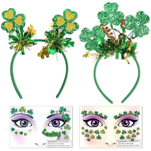 Qpout St. Patricks Day Kostümzubehör, 2 Stück irisches Stirnband Pailletten Kopfbedeckung Haar Hoop und 2 Stück Glitzer Grün Kleeblatt Auge Gesicht Edelsteine Tattoos für Parade Party von Qpout