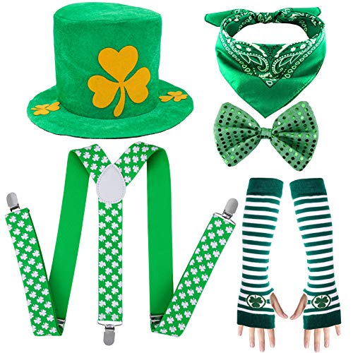 Qpout St.Patrick's Day Kostümzubehör, Leprechaun Shamrock Hut, Hosenträger, Handschuhe mit gestreiftem Arm, Fliege und Quadratischer Schal, für Kinder Frauen Männer St.Patrick's Day Partydekoration von Qpout