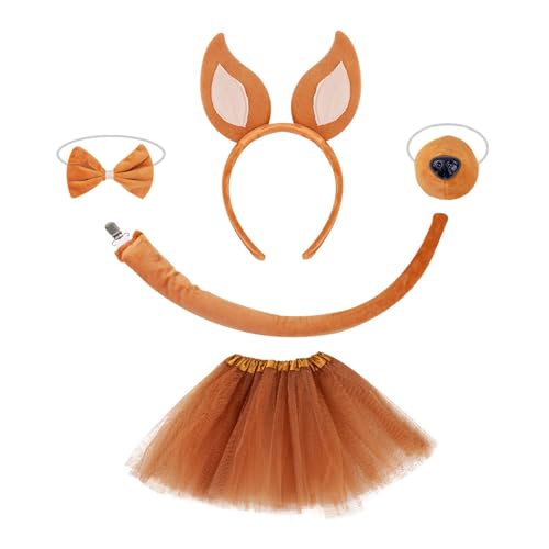 Hundeohren-Stirnband, Plüschschwanz, Fliege, Haarreifen-Set, Netzrock, Fuchs, Kostüm-Set für Halloween-Kostüm, Cosplay von Qsvbeeqj