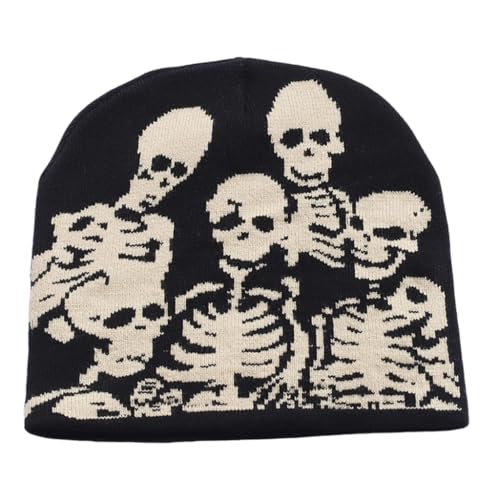 Qsvbeeqj Beliebter Totenkopf-Hut, gestrickt, krempellos, Streetwear, Mütze, Erwachsene, Unisex, Halloween, Kopfbedeckung, lässiger Hut, Teenager, krempelloser Pullover H von Qsvbeeqj