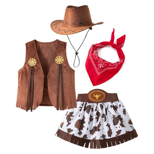 Qsvbeeqj Cowgirl-Rollenspiel-Outfit für Mädchen, 4-teiliges Western-Kostüm, Weste, Hose, Hut und kurzer Rock, Cowgirl-Halloween-Kostüm mit Hut und Gürtel Qsvbeeqj Cowgirl-Rollenspiel-Outfit für Mädchen, 4-teiliges Western-Kostüm, Weste, Hose, Hut und kurzer Rock, Cowgirl-Halloween-Kostüm mit Hut und Gürtel von Qsvbeeqj