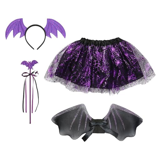 Qsvbeeqj Fledermaus-Kostüm-Set, Halloween, Fledermaus-Kostüm, Zubehör, Fledermausflügel, Rock, Zauberstab, Stirnband für Jungen, Mädchen, Karneval, Cosplay, 4-teilig von Qsvbeeqj