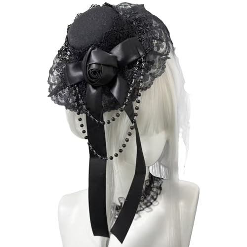 Qsvbeeqj Gotik Lolitas Fascinator mit Blume aus Spitze und Perlen, Haar-Accessoires, Zylinderhut, Haarclip für Frauen und Mädchen Qsvbeeqj Gotik Lolitas Fascinator mit Blume aus Spitze und Perlen, Haar-Accessoires, Zylinderhut, Haarclip für Frauen und Mädchen von Qsvbeeqj