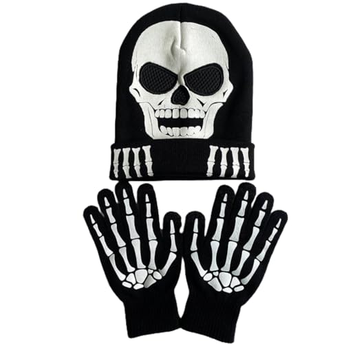 Qsvbeeqj Halloween-Skelett-Klauen-Handschuhe, leuchten im Dunkeln, Kostüm-Handschuhe, Totenkopf-Hut, Party-Requisiten, Handwärmer von Qsvbeeqj