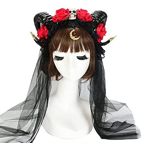 Qsvbeeqj Kopfbedeckung Halloween Haarreifen Horn Stirnband Spitze Rose Schädel Schleier Kopfschmuck Kunstblume Stirnbänder Cosplay Haarschmuck von Qsvbeeqj