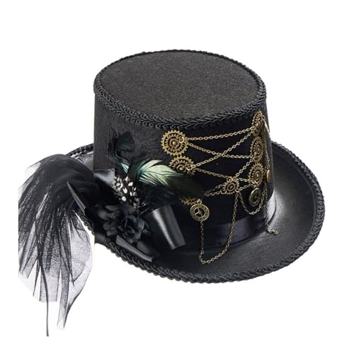 Qsvbeeqj Steampunk-Hut, flach, Halloween, Kostüm, Hut, schwarz, Karnevals-Oberteil mit Feder und Zahnradkette, für Damen, flach für Damen, kurze Krempe, kurz Qsvbeeqj Steampunk-Hut, flach, Halloween, Kostüm, Hut, schwarz, Karnevals-Oberteil mit Feder und Zahnradkette, für Damen, flach für Damen, kurze Krempe, kurz von Qsvbeeqj