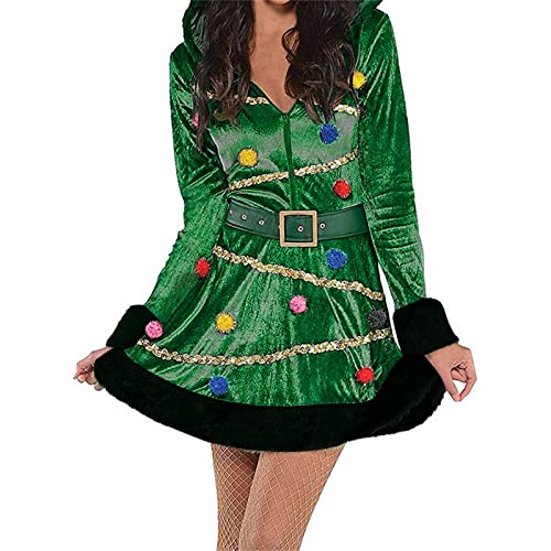 Frauen Weihnachtsbaum Elf Kleid Weihnachtsbaum Erwachsene Kapuzen Kostüm Kleid Fancy Cosplay Kostüm mit Gürtel, grün, L von Qtinghua