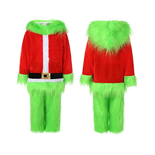 Qtinghua Weihnachtsmann-Kostüm Grinch Deluxe mit Hut, Halloween-Weihnachten, lustiges Cosplay-Kostüm, Requisiten für Erwachsene und Kinder (grüne Kinder, 5–6 Jahre) von Qtinghua