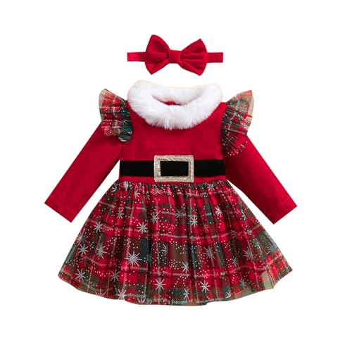 Qtinghua Weihnachtsmann-Kostüm für Kleinkinder, Baby, Mädchen, langärmelig, Weihnachtsmann, roter Samt, A-Linie, Strampler mit Hut oder Stirnband, Outfit für Neugeborene, Weihnachts-Kleidung (H Qtinghua Weihnachtsmann-Kostüm für Kleinkinder, Baby, Mädchen, langärmelig, Weihnachtsmann, roter Samt, A-Linie, Strampler mit Hut oder Stirnband, Outfit für Neugeborene, Weihnachts-Kleidung (H von Qtinghua