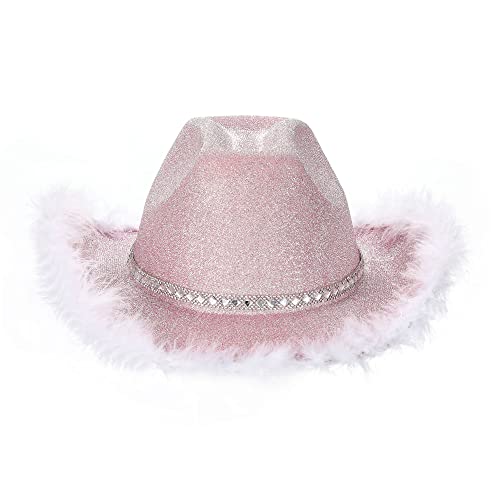 Qtinghua Weiß/Rosa Cowboyhut für Frauen Flauschiger Federbesatz Halloween Kostüm Cowgirl Hut für Cosplay Verkleidung Party Rollenspiel Geburtstagsfeier (Glitzer Cowboyhut Rosa Feder, Einheitsgröße) von Qtinghua