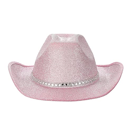 Qtinghua Weiß/Rosa Cowboyhut für Frauen Flauschiger Federbesatz Halloween Kostüm Cowgirl Hut für Cosplay Verkleidung Party Rollenspiel Geburtstagsfeier (Glitzer Cowboyhut Strass Rosa, Einheitsgröße) von Qtinghua