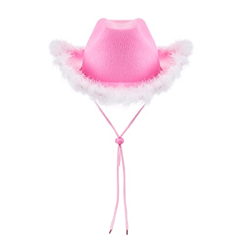 Qtinghua Cowboyhut für Damen, flauschiger Federbesatz, Halloween-Kostüm, Cowgirl-Hut für Cosplay, Kostümparty, Rollenspiel, Geburtstagsparty, rosa-weiße Fusseln, Weiß, Rosa, Einheitsgröße von Qtinghua